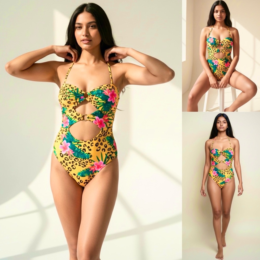 Decree Monokini One Piece Floral Yellow Tropical Print Removable Pads Stretch